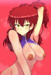  1girl aikawa_arika angry areolae armpits blush breasts ear_piercing freckles gundam gundam_00 highres large_breasts looking_at_viewer nena_trinity nipples piercing red_background red_hair simple_background solo sweat topless two_side_up yellow_eyes 