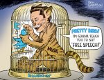  ambiguous_gender anthro avian ben_garrison big_dom_small_sub bird cage domestic_cat dominant duo elon_musk felid feline felis feral hi_res human hybrid male mammal political_cartoon politics size_difference speech_bubble text twitter 