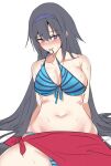  1girl bad_id bad_pixiv_id bangs bare_shoulders bikini black_hair blush breasts cleavage collarbone cosplay eyebrows_visible_through_hair girls&#039;_frontline hair_between_eyes hairband kuro_(tmdbin) large_breasts long_hair looking_at_viewer navel ntw-20_(op._blazing_sun)_(girls&#039;_frontline) ntw-20_(op._blazing_sun)_(girls&#039;_frontline)_(cosplay) purple_eyes sitting solo super_sass_(girls&#039;_frontline) sweat swimsuit very_long_hair 