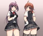  2girls ahoge arashi_(kancolle) black_legwear black_skirt black_vest blush breasts collared_shirt cowboy_shot dress_shirt from_behind gloves gradient gradient_background hagikaze_(kancolle) hands_on_hips highres kantai_collection long_hair looking_at_viewer looking_back medium_breasts medium_hair multiple_girls neck_ribbon one_side_up panties pantyshot pleated_skirt purple_hair red_hair red_ribbon ribbon shirt skirt standing thighhighs underwear vest wasumi_kei white_gloves white_shirt 