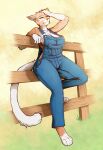  2022 anthro blokfort clothed clothing domestic_cat eyes_closed felid feline felis female fence fur heat_(temperature) hi_res mammal outside overalls simple_background solo standing tan_body tan_fur topless white_body white_fur 