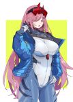  1girl blue_bodysuit blue_jacket bodysuit breasts citron80citron eyewear_on_head girls&#039;_frontline headset highres jacket large_breasts long_hair long_sleeves mole mole_under_eye open_clothes open_jacket pilot_suit pink_hair red_eyes sig_mcx_(crimson_meteor)_(girls&#039;_frontline) sig_mcx_(girls&#039;_frontline) solo very_long_hair 