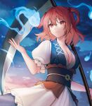  1girl bangs breasts cleavage cloud coin collarbone cowboy_shot eyebrows_visible_through_hair hair_between_eyes hair_bobbles hair_ornament hitodama holding holding_scythe large_breasts looking_to_the_side medium_breasts obi onozuka_komachi outdoors puffy_short_sleeves puffy_sleeves red_eyes red_hair sash scythe shiba_0 short_sleeves sky smile solo touhou twilight two_side_up 