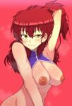  1girl aikawa_arika areolae armpits blush breasts ear_piercing freckles gundam gundam_00 happy highres large_breasts looking_at_viewer nena_trinity nipples piercing red_background red_hair simple_background smile solo sweat topless two_side_up yellow_eyes 