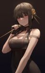  1girl bangs banned_artist bare_shoulders black_background black_dress black_hair blush breasts cleavage closed_mouth dagger dress eyebrows_visible_through_hair flower gold_hairband hair_between_eyes hair_bun hair_flower hair_ornament hand_up hinaki_(hinaki_0102) holding holding_dagger holding_weapon knife large_breasts long_hair looking_at_viewer red_eyes sidelocks sleeveless sleeveless_dress smile solo spy_x_family weapon yor_briar 