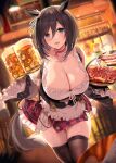  1girl :d alcohol animal_ears apron bangs bare_shoulders beer black_hair blouse blue_eyes blue_gk blurry blurry_background blush bob_cut breasts brown_legwear choker cleavage collarbone cowboy_shot detached_sleeves dutch_angle ear_ribbon eishin_flash_(umamusume) eyebrows_visible_through_hair food frilled_apron frilled_sleeves frills hair_between_eyes highres holding horse_ears horse_girl horse_tail hot_dog huge_breasts indoors looking_at_viewer miniskirt open_mouth red_choker scrunchie shirt short_hair skindentation skirt smile solo tail thighhighs umamusume waist_apron white_scrunchie 