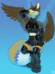  2021 4_toes anthro avian beak breasts clothed clothing digitigrade feathered_wings feathers feet female gryphon hand_behind_head hi_res latex_armwear latex_skirt latex_stockings latex_topwear mythological_avian mythology simple_background standing taru toes wings 