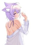  1girl absurdres animal_ear_fluff animal_ears bangs bare_shoulders cat_ears cat_girl closed_mouth eyebrows_visible_through_hair from_behind highres hololive looking_at_viewer looking_back neko_lu_(wofud453) nekomata_okayu purple_eyes purple_hair shirt short_hair smile solo virtual_youtuber white_shirt 