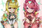  2girls bangs bare_legs bare_shoulders black_gloves blonde_hair breasts chest_jewel cleavage cleavage_cutout clothing_cutout dress earrings elbow_gloves fingerless_gloves gloves jewelry large_breasts long_hair multiple_girls mythra_(xenoblade) pyra_(xenoblade) red_eyes red_hair red_legwear red_shorts rundymentos short_dress short_hair short_shorts shorts sitting swept_bangs thigh_strap thighhighs tiara upturned_eyes very_long_hair wariza white_dress white_footwear white_gloves xenoblade_chronicles_(series) xenoblade_chronicles_2 yellow_eyes 