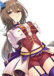  1girl absurdres admire_vega_(umamusume) animal_ears arms_behind_back bangs blush breasts brown_hair choker closed_mouth common_race_outfit_(umamusume) cropped_jacket garter_straps herohero_(higashi_no_dou) highres horse_ears jacket long_hair looking_at_viewer medium_breasts navel pink_eyes purple_legwear red_shorts red_vest shorts simple_background skirt smile solo thighhighs umamusume vest white_background white_jacket white_skirt 