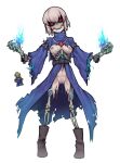  1girl 1other amulet belt blue_fire blue_robe bone boots breasts cuffs dark_caster fire full_body high_collar highres lich looking_at_viewer magic mask masked medium_breasts nyong_nyong pussy pussy_juice red_eyes ribs shackles terraria torn_clothes torn_robe undead white_hair wide_sleeves 