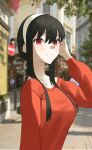  1girl absurdres arm_up bangs black_hair blush breasts closed_mouth day from_side hairband highres junkt729 looking_at_viewer outdoors red_eyes red_sweater road_sign sidelocks sign solo spy_x_family sweater upper_body white_hairband yor_briar 