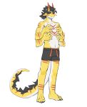  anthro bottomwear clothing dragon hi_res horn looking_at_viewer male multi_arm multi_limb pastry404 plantigrade shorts solo standing thick_tail 