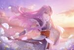  1girl absurdres asymmetrical_sleeves cloud dawn flower hand_in_own_hair highres light long_hair looking_at_viewer purple_eyes qin_shi_ming_yue qin_shi_ming_yue_shao_siming_zhuye shao_siming_(qin_shi_ming_yue) sparkle veil 