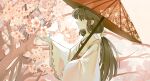  1girl black_hair cherry_blossoms from_side hakama highres inuyasha japanese_clothes kikyou_(inuyasha) miko ponytail priestess qinaide_yun_guniang solo tree umbrella upper_body 