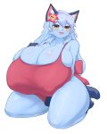  2022 absurd_res anthro big_breasts blue_body blue_fur blue_hair blush breasts claws clothed clothing domestic_cat feet felid feline felis female fur hair hi_res huge_breasts hyper hyper_breasts inake kemono kneeling looking_at_viewer mammal mizumi_(pyrojey) nipple_outline one-piece_swimsuit pawpads paws solo swimwear toe_claws toes 