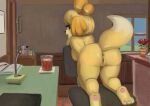  3_toes absurd_res alcohol animal_crossing anthro anus beverage breasts butt canid canine canis chair desk digital_media_(artwork) domestic_dog drinking feet female fur furniture genitals hair hi_res inside isabelle_(animal_crossing) looking_back mammal nintendo nude open_mouth pawpads paws plant presenting presenting_hindquarters pussy rear_view shih_tzu smile solo table toes toisanemoif toy_dog video_games yellow_body yellow_fur 