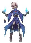  1girl 1other amulet belt blue_fire blue_robe bone boots breasts cuffs dark_caster fire full_body high_collar highres lich looking_at_viewer magic mask masked medium_breasts nyong_nyong red_eyes ribs shackles terraria torn_clothes torn_robe undead white_hair wide_sleeves 