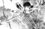  1girl absurdres aiming arrow_(projectile) bird black_hair bow_(weapon) cape fur_cape greyscale highres inuyasha japanese_clothes jiegeng_zhuye kikyou_(inuyasha) miko monochrome priest snow solo string weapon winter 