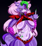  absurd_res black_background breasts canid canine canis female five_nights_at_freddy&#039;s five_nights_at_freddy&#039;s:_security_breach fur gesture green_hair hair hi_res mammal middle_finger nipple_outline purple_body purple_fur roxanne_wolf_(fnaf) scottgames simple_background solo tayronnebr video_games wolf yellow_eyes 