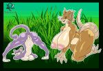  absurd_res anthro areola big_areola big_breasts black_eyes breasts brown_body butt claws deltavinny duo female genitals hi_res jack-o&#039;_pose looking_at_viewer mammal multicolored_body nintendo pok&eacute;mon pok&eacute;mon_(species) pok&eacute;morph pose presenting presenting_hindquarters presenting_pussy purple_body pussy rat_tail raticate rattata red_eyes rodent simple_background smile thick_thighs video_games whiskers 