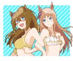  2girls :d animal_ears bangs bikini blue_background blue_eyes breasts brown_hair closed_mouth el_condor_pasa_(umamusume) enonko frilled_bikini frills grass_wonder_(umamusume) hair_ornament highres horse_ears horse_girl looking_at_another mask multiple_girls open_mouth ponytail sideboob smile striped striped_background swimsuit umamusume yellow_bikini 