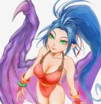  1girl bare_shoulders blue_hair breasts breath_of_fire breath_of_fire_ii cleavage closed_mouth dragon_girl dragon_wings green_eyes hair_ribbon leotard lips long_hair monster_girl patty_the_phantom_thief pointy_ears ponytail ribbon simple_background solo white_background wings 