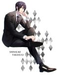  1boy black_hair black_suit brown_eyes character_name checkered_background cma_cmakuma dress_shoes formal full_body gintama hair_between_eyes hair_over_one_eye highres necktie parted_lips pinstripe_pattern pinstripe_suit plaid_necktie short_hair sitting solo striped suit takasugi_shinsuke tie_clip watch wristwatch 