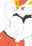  abs absurd_res anthro berseepon09 biceps big_biceps bottomwear cinderace clothing frown hand_behind_head hand_on_hip hi_res male muscular muscular_anthro muscular_male nintendo pants pecs pok&eacute;mon pok&eacute;mon_(species) pupils red_eyes solo video_games white_body white_pupils 