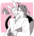  2boys anakin_skywalker animal_ears beard bunny facial_hair fangs highres hug hug_from_behind licking male_focus multiple_boys obi-wan_kenobi pensan rabbit_ears star_wars tail tongue tongue_out yaoi 