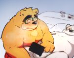  2022 anthro balls bed blush censored duo eyewear furniture genitals glasses humanoid_hands kemono leib_(tas) lifewonders lying male male/male mammal overweight overweight_male pillow tokyo_afterschool_summoners torausimuma7 ursid video_games volos 