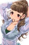  1girl arms_up bangs blush bra bra_visible_through_clothes bralines breasts brown_hair buttons cleavage collar collared_shirt cut_bangs eyebrows_visible_through_hair green_bra hair_tie hair_tie_in_mouth hands_in_hair highres hot idolmaster idolmaster_cinderella_girls kamiya_nao kobamiso_(kobalt) lips long_hair long_sleeves mouth_hold open_collar red_eyes see-through shirt simple_background sleeve_cuffs sweat sweaty_clothes thick_eyebrows tying_hair underwear upper_body wet wet_clothes wet_shirt white_background 