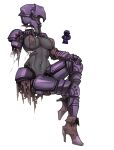 1girl 1other armor armored_boots boots breasts colored_skin gauntlets grey_skin helmet high_heels highres invisible looking_to_the_side medium_breasts midriff navel nyong_nyong pauldrons possessed_armor rags shoulder_armor sitting terraria torn_clothes 
