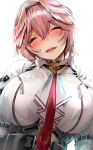  1girl bangs blush breast_zipper breasts fumihiko_(fu_mihi_ko) hair_between_eyes head_wings highres hololive huge_breasts multicolored_hair necktie open_mouth pink_hair shirt short_hair smile solo streaked_hair takane_lui teeth virtual_youtuber white_shirt 