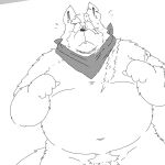  2022 anthro barely_visible_genitalia barely_visible_penis belly big_belly canid canine canis domestic_dog genitals hi_res humanoid_hands kemono male mammal navel overweight overweight_male penis pubes scar simple_background solo suishou0602 