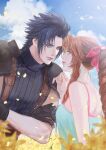  1boy 1girl aerith_gainsborough armor bare_shoulders black_gloves black_hair blue_eyes blurry blurry_foreground braid braided_ponytail brown_hair cloud cloudy_sky couple crisis_core_final_fantasy_vii dress earrings final_fantasy final_fantasy_vii flower gloves green_eyes hair_ribbon jewelry long_hair looking_at_another petals ribbon shoulder_armor sky sleeveless sleeveless_dress sleeveless_turtleneck suspenders turtleneck vrekx_x white_dress zack_fair 