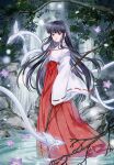  1girl absurdres black_hair bow branch flower highres in_water inuyasha japanese_clothes kikyou_(inuyasha) miko ponytail river spirit string vegetation water waterfall ying_yang_guaiqi_chu 