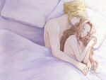  1boy 1girl aerith_gainsborough ancotsubu arms_around_waist bangs bare_arms bed bed_sheet blonde_hair breasts brown_hair closed_eyes cloud_strife collarbone couple cuddling final_fantasy final_fantasy_vii final_fantasy_vii_remake hair_down jewelry long_hair medium_breasts own_hands_together parted_bangs pillow ring sleeping spiked_hair topless topless_male upper_body wavy_hair 