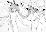  1boy 1girl animal_ears astolfo_(fate) astolfo_(saber)_(fate) bangs blush breasts erection fate/grand_order fate_(series) fox_ears fox_girl fox_tail greyscale hat highres large_breasts long_hair looking_at_viewer low_twintails monochrome nipples nude open_mouth otoko_no_ko penis smile sun_hat tail tamamo_(fate) tamamo_no_mae_(swimsuit_lancer)_(fate) thighs twintails wisespeak 