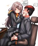  ... 1boy 1girl absurdres after_kiss beret black_footwear black_hair black_jacket black_pants black_shirt black_skirt blush brown_hair brown_legwear chair collared_shirt commander_(girls&#039;_frontline) english_commentary english_text facial_hair girls&#039;_frontline hand_on_another&#039;s_face hat heart highres jacket jewelry lipstick_mark long_hair one_side_up pants pantyhose paper pen peroronti ring saliva saliva_trail scar scar_across_eye shirt simple_background sitting sitting_on_person skirt speech_bubble strap stubble sweatdrop table ump45_(girls&#039;_frontline) white_shirt yellow_eyes 
