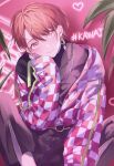  1boy blush checkered_clothes checkered_sleeves earrings facing_viewer head_rest heart highres jewelry long_sleeves looking_at_viewer male_focus maru_futab maruyama_reo paradox_live pink_background red_eyes red_hair short_hair solo 