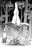  1boy 1girl alraune blush double_deck flower forest greyscale highres legs_together monochrome monster_girl nature original parted_lips plant_girl pussy shirt shorts standing titan_arum uncensored upside-down wide-eyed 