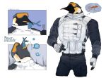  1boy beak belt bird bird_boy black_pants bulge chinese_text cropped_legs eating fingerless_gloves fish gloves goggles goggles_on_head highres k-bone male_focus multiple_views muscular muscular_male no_eyes octopus original pants penguin penguin_boy personification thought_bubble translation_request vest 