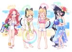  4girls :d :o ^_^ animal_ears arisu_(blue_archive) bag ball bangs bare_arms bare_legs bare_shoulders barefoot beachball bikini black_hair blonde_hair blue_archive blue_bikini blue_eyes blush bow casual_one-piece_swimsuit cat_ear_headphones cat_ears cat_tail chopsticks closed_eyes collarbone commentary_request cup day disposable_cup drinking_straw eyebrows_visible_through_hair fake_animal_ears flower forehead green_bikini green_eyes hair_between_eyes halo hands_up harada_(sansei_rain) hat hat_flower headphones hibiscus highres holding holding_ball holding_chopsticks holding_cup holding_innertube hood hood_down hooded_jacket innertube jacket long_hair midori_(blue_archive) momoi_(blue_archive) multiple_girls navel one-piece_swimsuit open_clothes open_jacket parted_lips pink_bikini red_flower red_hair sandals sarong short_shorts shorts shoulder_bag side_ponytail smile standing striped striped_bow sun_hat swimsuit tail transparent very_long_hair wavy_mouth white_footwear white_headwear white_jacket white_shorts white_swimsuit yellow_bow yuzu_(blue_archive) 