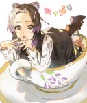  1girl bangs black_dress black_hair butterfly_hair_ornament cup dress fingernails hair_ornament highres kimetsu_no_yaiba kochou_shinobu lips mikuroron multicolored_hair own_hands_together parted_bangs purple_eyes purple_hair saucer shirt sidelocks solo teacup two-tone_hair white_background white_shirt 