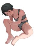  1girl bangs black_hair bra breasts green_eyes grey_bra grey_panties kantai_collection mogami_(kancolle) panties short_hair simple_background sitting small_breasts solo sports_bra swept_bangs tooku_nomura_(artist) underwear underwear_only white_background 