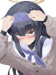  1girl bangs black_hair blue_archive blush cardigan eyebrows_visible_through_hair hairband halo jewelry looking_at_viewer necklace osanpo02 purple_eyes school_uniform serafuku simple_background solo sweat ui_(blue_archive) white_background 