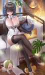  1boy 1girl absurdres arm_up azur_lane baby bangs black_gloves black_hair black_legwear blush breasts chen_hai_(azur_lane) chen_hai_(vestibule_of_wonders)_(azur_lane) china_dress chinese_clothes cleavage closed_mouth couch crossed_legs dress elbow_gloves eyebrows_visible_through_hair full_body gloves green_hair gu_lan hairband high_heels highres lamp large_breasts legs lips long_hair looking_at_another looking_down manjuu_(azur_lane) official_alternate_costume purple_eyes shaded_face short_hair sitting smirk thighhighs thighs trample white_dress white_footwear 