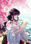  1girl absurdres black_hair boat bug butterfly cherry_blossoms glowing_butterfly hakama highres inuyasha japanese_clothes kikyou_(inuyasha) lu_xueqi_tongren_ye miko ponytail sitting smile solo water watercraft 