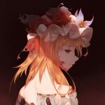  1girl aier_(2835730563) bare_shoulders blonde_hair blood blood_on_face bow closed_mouth commentary eyebrows_visible_through_hair flandre_scarlet flower from_behind frown hat hat_bow hat_flower long_hair looking_at_viewer looking_back mob_cap portrait purple_flower red_bow red_eyes shirt solo torn_clothes torn_shirt touhou white_headwear white_shirt 